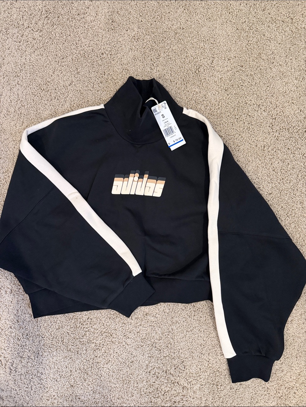 adidas Black Cropped Turtleneck Sweatshirt with Cream Stripes